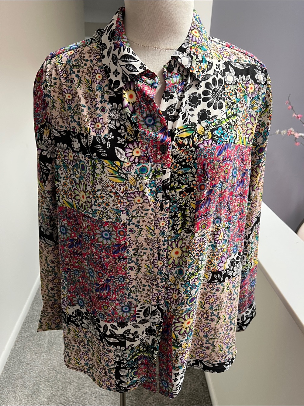 Floral Patchwork Button-Up Blouse - Multicolor